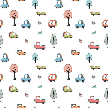 Cute Dino Cars Seamless Pattern, Childish Cartoon background, vector Illustration.のイラスト素材
