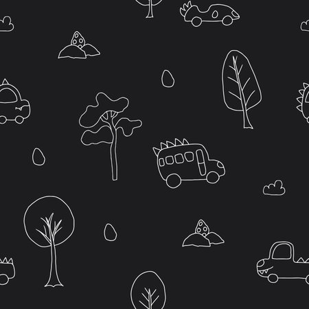 Cute Dino Cars Seamless Pattern, Childish Cartoon background, vector Illustration.のイラスト素材