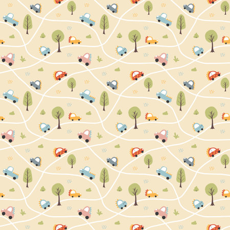 Cute Dino Cars Seamless Pattern, Childish Cartoon background, vector Illustration.のイラスト素材