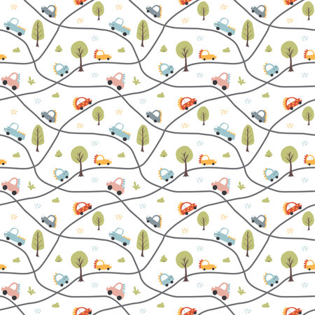 Cute Dino Cars Seamless Pattern, Childish Cartoon background, vector Illustration.のイラスト素材