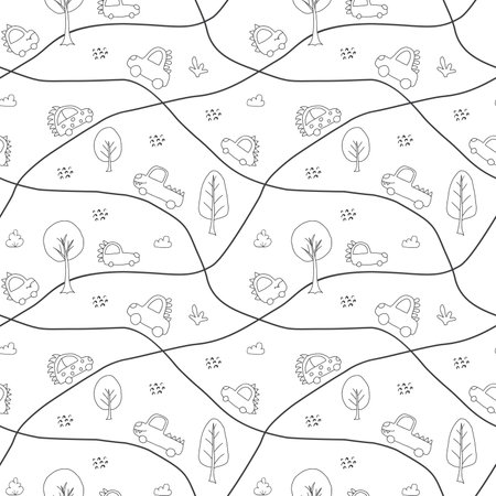 Cute Dino Cars Seamless Pattern, Childish Cartoon background, vector Illustration.のイラスト素材