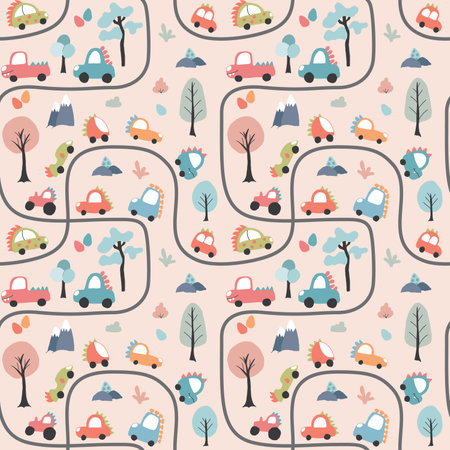 Cute Dino Cars Seamless Pattern, Childish Cartoon background, vector Illustration.のイラスト素材