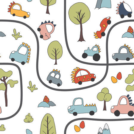 Cute Dino Cars Seamless Pattern, Childish Cartoon background, vector Illustration.のイラスト素材