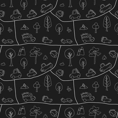 Cute Dino Cars Seamless Pattern, Childish Cartoon background, vector Illustration.のイラスト素材