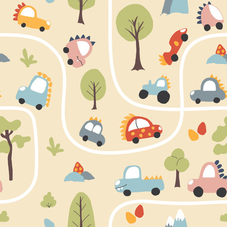 Cute Dino Cars Seamless Pattern, Childish Cartoon background, vector Illustration.のイラスト素材