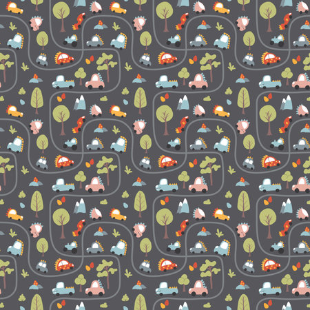 Cute Dino Cars Seamless Pattern, Childish Cartoon background, vector Illustration.のイラスト素材