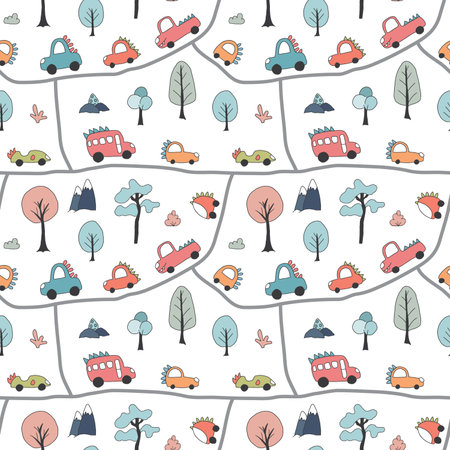 Cute Dino Cars Seamless Pattern, Childish Cartoon background, vector Illustration.のイラスト素材