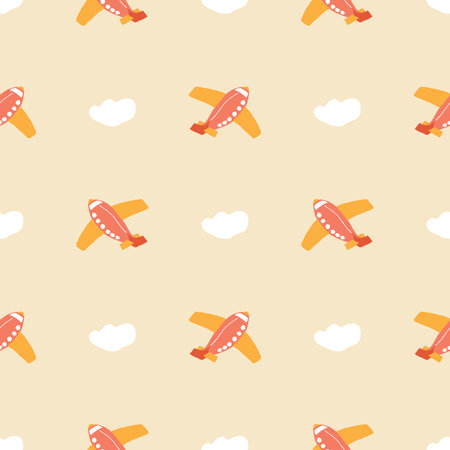 Cute Airplanes and clouds Seamless Pattern, Childish Cartoon background, vector Illustrationのイラスト素材