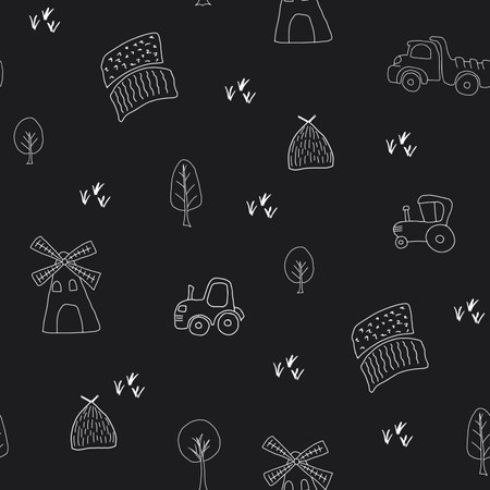 Cute village, farm landscape Seamless Pattern, Cartoon country background, vector Illustration.のイラスト素材