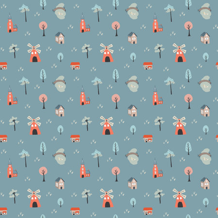 Cute village landscape Seamless Pattern, Cartoon country background, vector Illustration.のイラスト素材