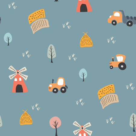 Cute village, farm landscape Seamless Pattern, Cartoon country background, vector Illustration.のイラスト素材