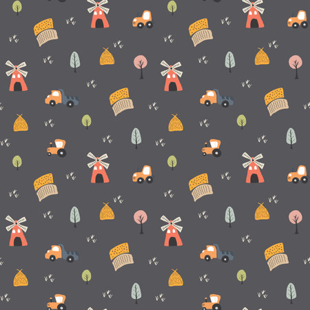 Cute village, farm landscape Seamless Pattern, Cartoon country background, vector Illustration.のイラスト素材