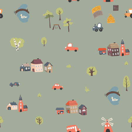 Cute village landscape Seamless Pattern, Cartoon country background, vector Illustration.のイラスト素材
