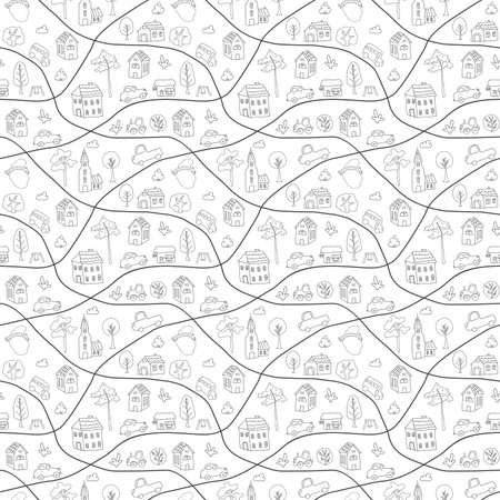 Cute city map Seamless Pattern, Cartoon town landscape background, vector Illustration.のイラスト素材