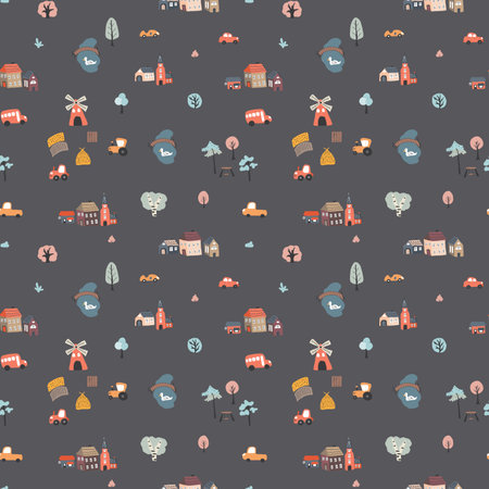 Cute village landscape Seamless Pattern, Cartoon country background, vector Illustration.のイラスト素材