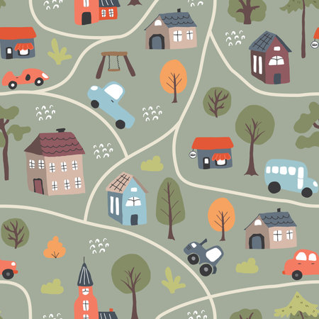 Cute city map Seamless Pattern, Cartoon town landscape background, vector Illustration.のイラスト素材