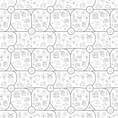 Cute city map Seamless Pattern, Cartoon town landscape background, vector Illustration.のイラスト素材
