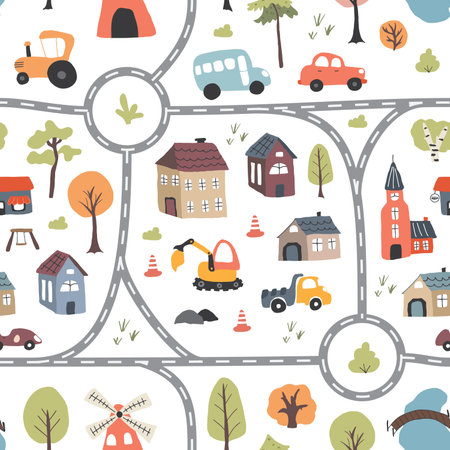 Cute city map Seamless Pattern, Cartoon town landscape background, vector Illustration.のイラスト素材