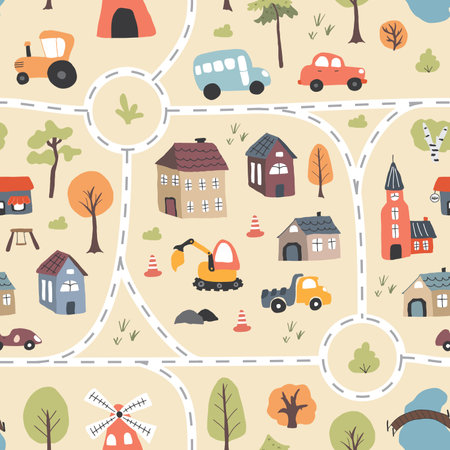 Cute city map Seamless Pattern, Cartoon town landscape background, vector Illustration.のイラスト素材