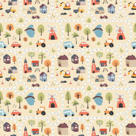 Cute city map Seamless Pattern, Cartoon town landscape background, vector Illustration.のイラスト素材