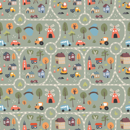 Cute city map Seamless Pattern, Cartoon town landscape background, vector Illustration.のイラスト素材