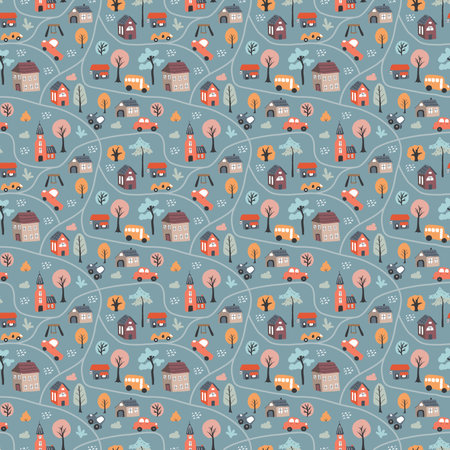 Cute city map Seamless Pattern, Cartoon town landscape background, vector Illustration.のイラスト素材