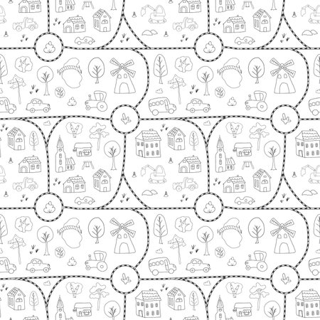 Cute city map Seamless Pattern, Cartoon town landscape background, vector Illustration.のイラスト素材