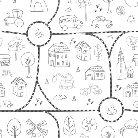 Cute city map Seamless Pattern, Cartoon town landscape background, vector Illustration.のイラスト素材