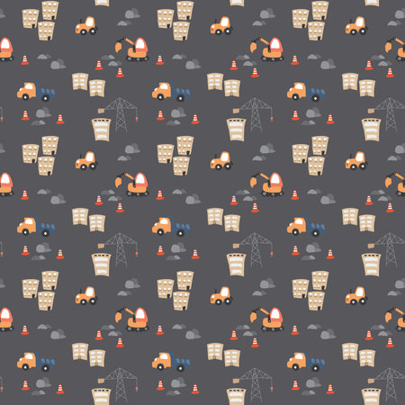 Cute construction site Seamless Pattern, Cartoon building area background, vector Illustrationのイラスト素材