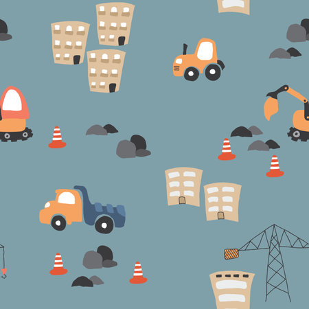 Cute construction site Seamless Pattern, Cartoon building area background, vector Illustrationのイラスト素材
