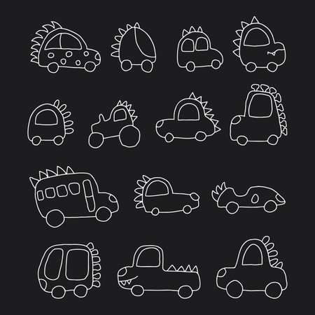 Cute Dino Cars collection, Cartoon dinosaur style transport set, vector Illustration.のイラスト素材