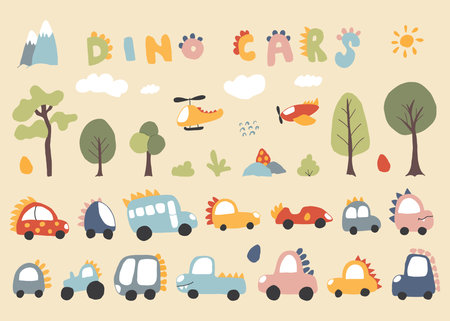 Cute Dino Cars collection, Cartoon dinosaur style transport set, vector Illustration.のイラスト素材
