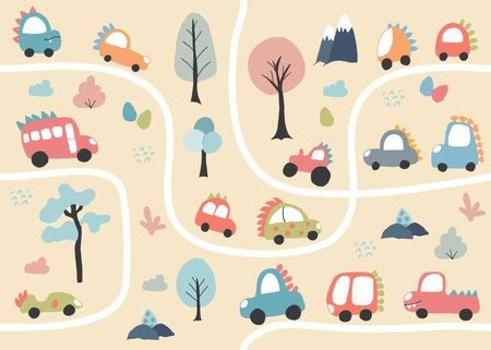 Cute Dino Cars collection, Cartoon dinosaur style transport set, vector Illustration.のイラスト素材