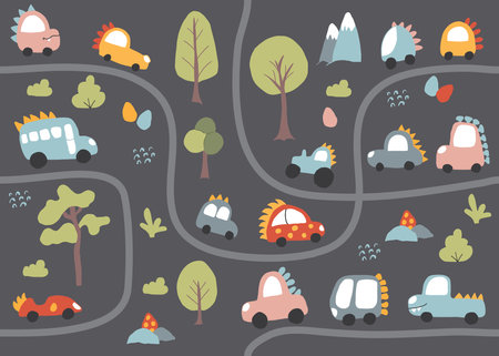 Cute Dino Cars collection, Cartoon dinosaur style transport set, vector Illustration.のイラスト素材