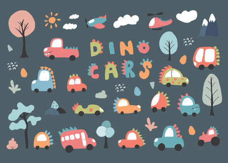 Cute Dino Cars collection, Cartoon dinosaur style transport set, vector Illustration.のイラスト素材