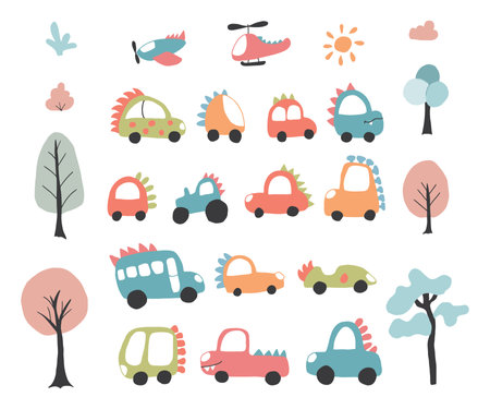Cute Dino Cars collection, Cartoon dinosaur style transport set, vector Illustration.のイラスト素材