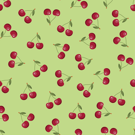 Cherry seamless pattern. Vegan organic eco fruit background. vector illustration.のイラスト素材