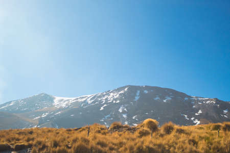 Nevado de Toluca, Mexico. Beautiful natural landscape background of snowy and rocky mountains with yellowish grass and a clear blue sky on a cold summer morning.の写真素材