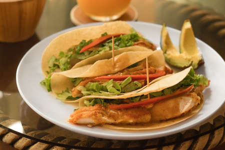 healthy and delicious dish of chicken with lettuce, chili, souce and tortillaの写真素材