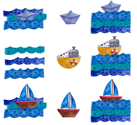 Watercolor set of ships and boats. Vector illustration on white background.の写真素材
