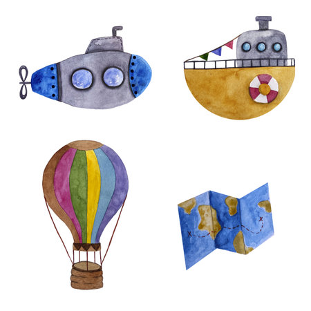 Watercolor set of children's toys. Hot air balloon, ship, ship, map.のイラスト素材