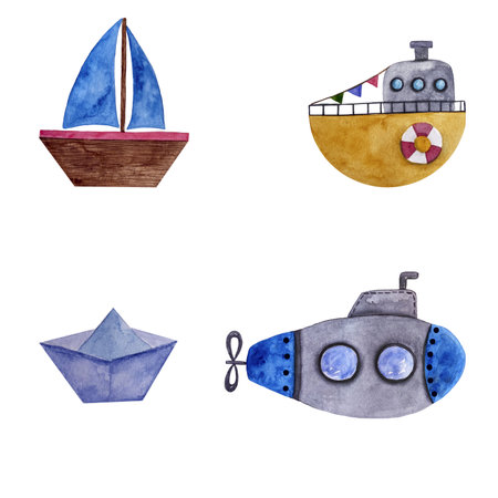 Watercolor set of cute hand drawn ship, submarine, boat, lifebuoyのイラスト素材