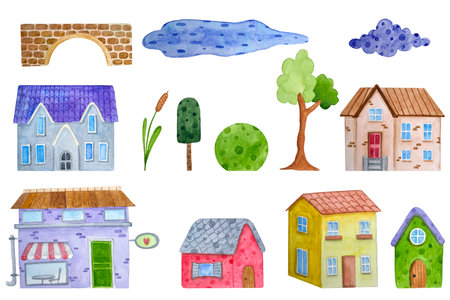 watercolor hand drawn little houses and elements for street designの写真素材