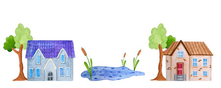 watercolor houses with lakeの写真素材