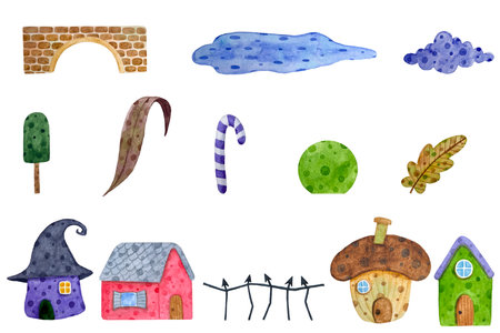 watercolor hand drawn fairy tail houses and elements for streen designの写真素材