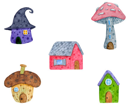 Watercolor hand drawn illustration of different houses, mushrooms and witch hat.のイラスト素材