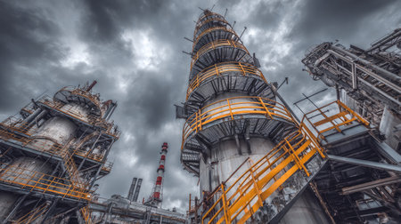 Captivating view of an industrial complex featuring towering structures against a moody, cloudy sky, showcasing modern engineering and manufacturing processes.の素材