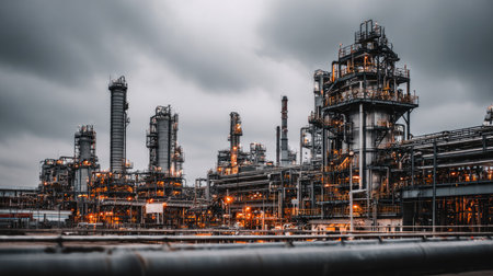A dramatic view of an industrial complex featuring tall machinery and pipes, set against a moody sky. The image captures the essence of modern industry.の素材