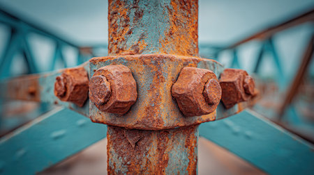 Close-up view of a rusty metal structure showcasing intricate fasteners and a weathered surface, highlighting the beauty in industrial decay and design.の素材