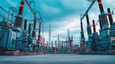 A captivating view of an industrial power station featuring high voltage equipment. The scene showcases advanced technology against a dramatic sky with blue and orange tones.の素材